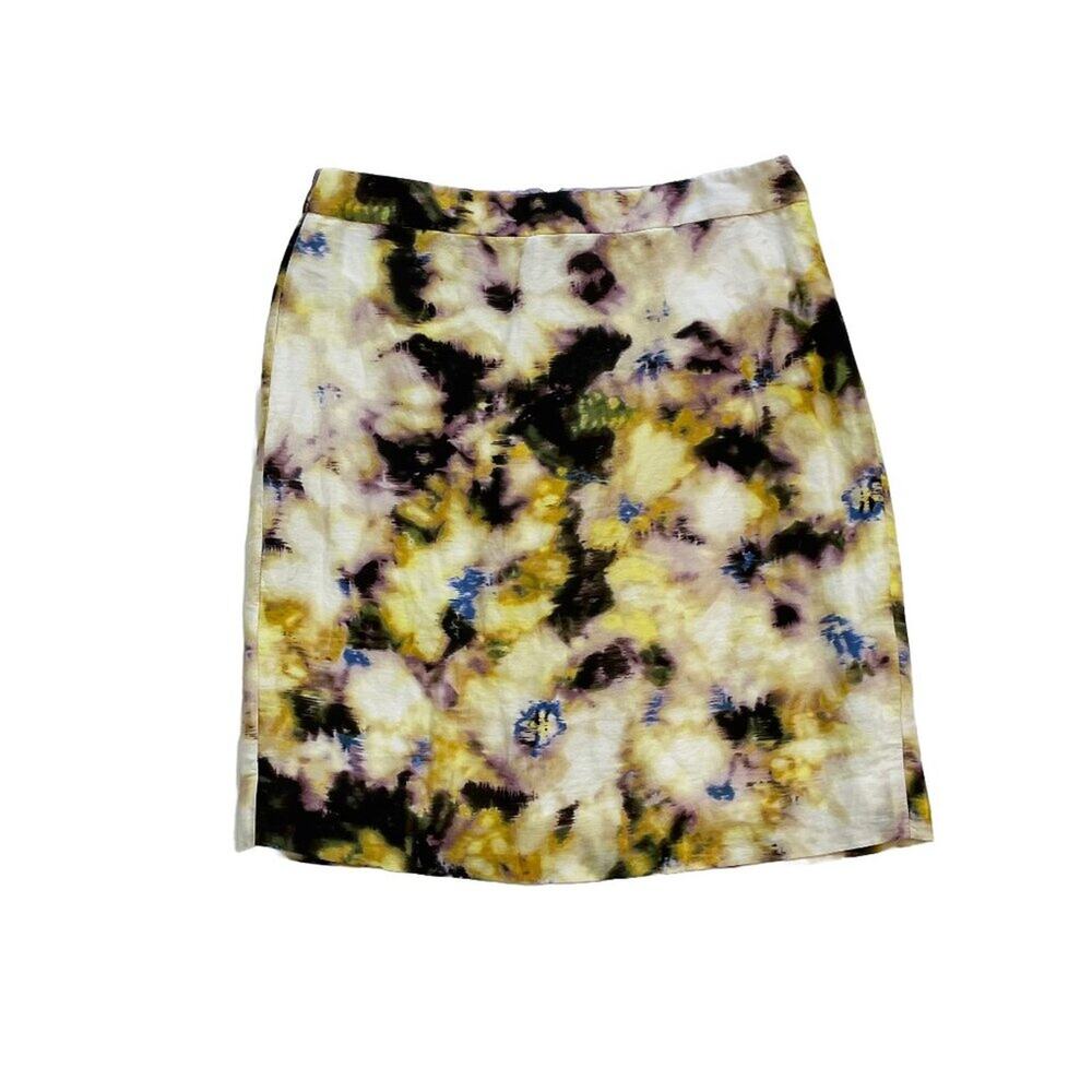 J. Crew Linen Silk Yellow Floral, Abstract Watercolor, Fleurette Pencil Skirt 2
